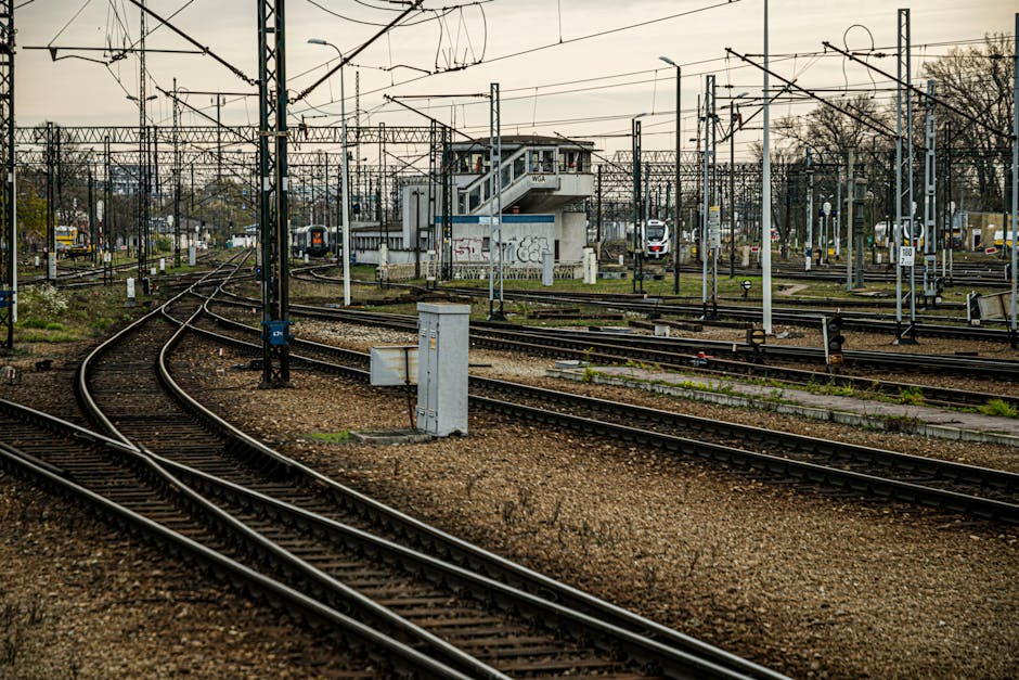 A network of railway tracks extends across the foreground of the image, with multiple sets curving and crossing each other through a train yard environment. The tracks are made of dark steel rails mounted on wooden sleepers, laid on coarse, brown gravel ballast. Overhead, an intricate web of electrical wires and supporting poles spans the scene, used for powering electric trains. In the background, a small, utilitarian train station or signal tower, painted in light grey with graffiti on its surface, sits centrally, slightly elevated on a platform with stairs leading up to it. The station structure features windows and a flat roof, and is surrounded by various railway infrastructure elements such as switches, signal lights, and metal barriers. Leafless trees border the yard, indicating late autumn or early winter. The overall lighting is subdued, suggesting an overcast sky, contributing to a neutral, atmospheric tone consistent with railway environments involved in train operations or freight movements, which could be part of independent rail logistics or infrastructure management. Rubbish removal companies like Rubbish Removal Wandsworth often operate near such areas for clearance or waste management related to railway facilities or nearby properties.